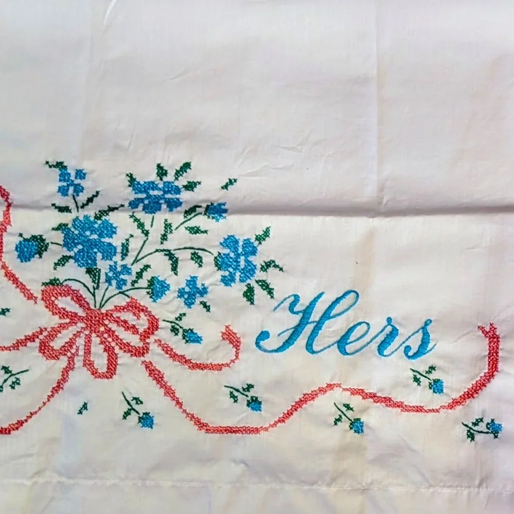 Vintage Handmade XL His & Hers Pillowcase Set